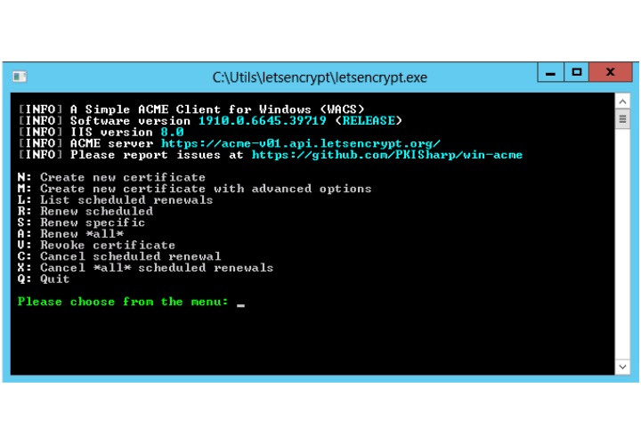 screenshot of runnintg the win-acme client for lets encrypt on windows server 2012 using iis