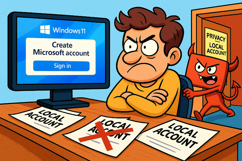 Grumpy computer user being forced to use a microsoft account and banned from local accounts by a Microsoft demon.