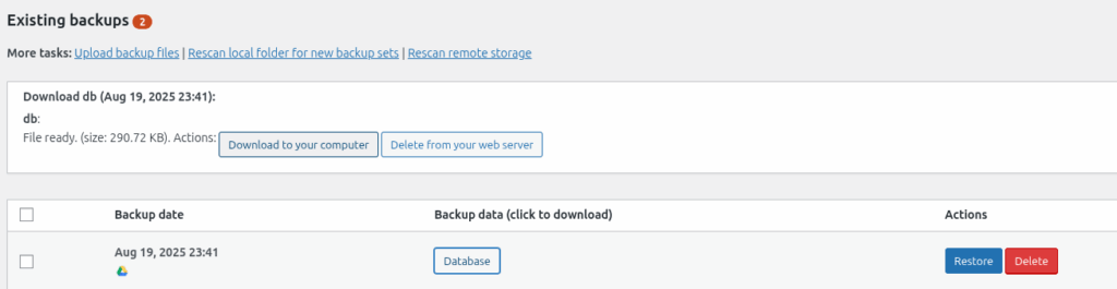 Updraft showing buttons for download and restore but no further info