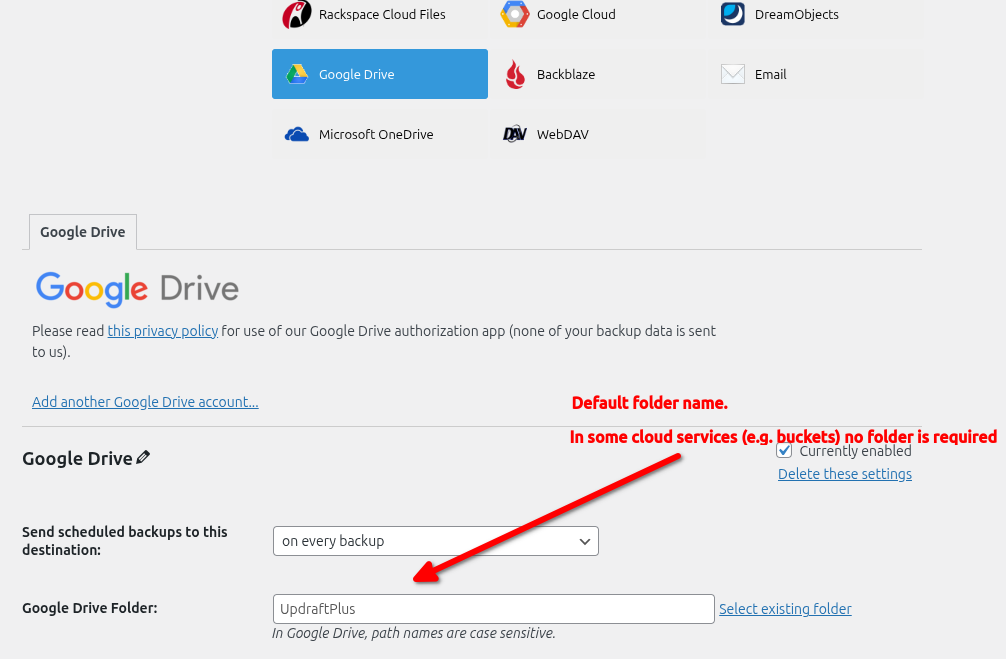 google drive backup with default folder name
