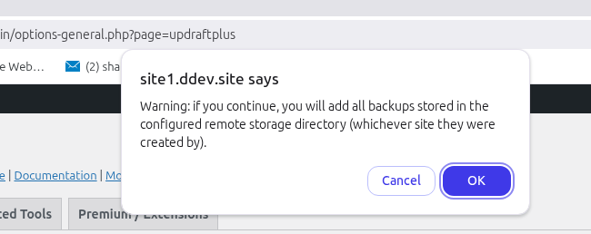Warning: if you continue, you will add all backups stored in the configured remote storage directory (whichever site they were created by).