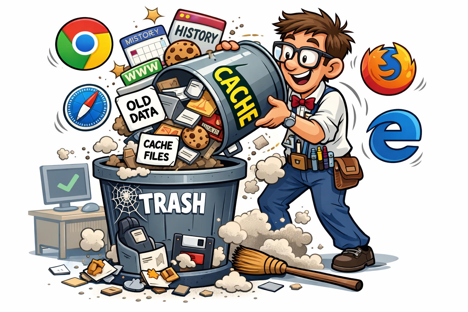 A geek emptying a bucket of cache, from web browsers, into the rubbish bin